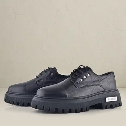 Rakerplus Siyah Kırışık Hakiki Deri Bağcıklı Metal Detaylı GünlükOxford Ayakkabı