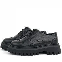 Rakerplus Siyah Kırışık Rugan Hakiki Deri Bağcıklı Oxford Günlük Ayakkabı