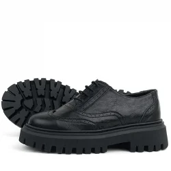 Rakerplus Siyah Kırışık Rugan Hakiki Deri Bağcıklı Oxford Günlük Ayakkabı