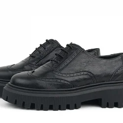 Rakerplus Siyah Kırışık Rugan Hakiki Deri Bağcıklı Oxford Günlük Ayakkabı