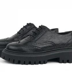 Rakerplus Siyah Kırışık Rugan Hakiki Deri Bağcıklı Oxford Günlük Ayakkabı