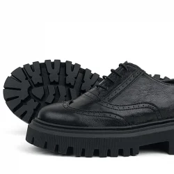 Rakerplus Siyah Kırışık Rugan Hakiki Deri Bağcıklı Oxford Günlük Ayakkabı