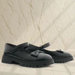 Rakerplus Siyah Kırışık Rugan Kalın Tabanlı Cırtlı Kız Çocuk Babet