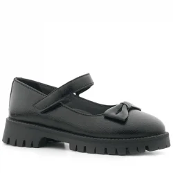 Rakerplus Siyah Kırışık Rugan Kalın Tabanlı Cırtlı Kız Çocuk Babet