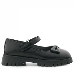 Rakerplus Siyah Kırışık Rugan Kalın Tabanlı Cırtlı Kız Çocuk Babet