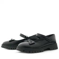 Rakerplus Siyah Kırışık Rugan Kalın Tabanlı Cırtlı Kız Çocuk Babet