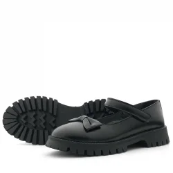 Rakerplus Siyah Kırışık Rugan Kalın Tabanlı Cırtlı Kız Çocuk Babet