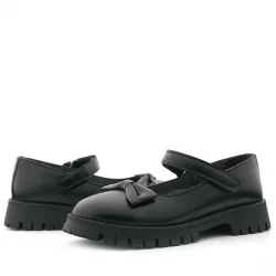 Rakerplus Siyah Kırışık Rugan Kalın Tabanlı Cırtlı Kız Çocuk Babet