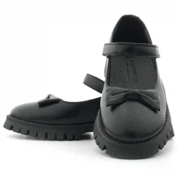 Rakerplus Siyah Kırışık Rugan Kalın Tabanlı Cırtlı Kız Çocuk Babet