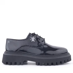 Rakerplus Siyah Rugan Bağcıklı Çiçek Detaylı Oxford Günlük Ayakkabı