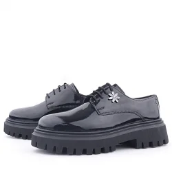 Rakerplus Siyah Rugan Bağcıklı Çiçek Detaylı Oxford Günlük Ayakkabı