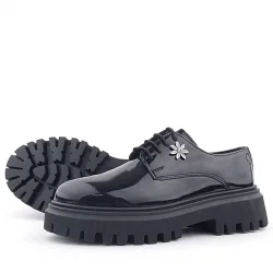 Rakerplus Siyah Rugan Bağcıklı Çiçek Detaylı Oxford Günlük Ayakkabı