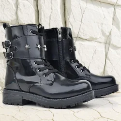 Rakerplus Siyah Rugan Bağcıklı Fermuarlı Yıldız Detaylı Kız Çocuk Bot