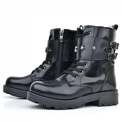 Rakerplus Siyah Rugan Bağcıklı Fermuarlı Yıldız Detaylı Kız Çocuk Bot