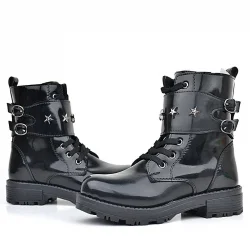 Rakerplus Siyah Rugan Bağcıklı Fermuarlı Yıldız Detaylı Kız Çocuk Bot