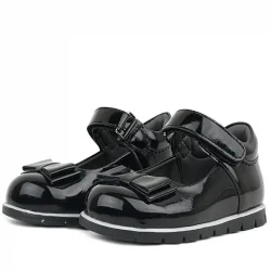 Rakerplus Siyah Rugan Fiyonklu Kız Bebek Babet Ayakkabı