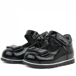 Rakerplus Siyah Rugan Fiyonklu Kız Bebek Babet Ayakkabı