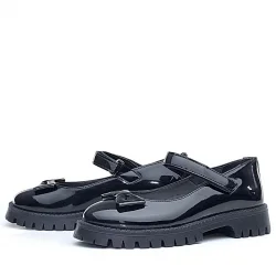 Rakerplus Siyah Rugan Kalın Tabanlı Cırtlı Kız Çocuk Babet