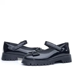 Rakerplus Siyah Rugan Kalın Tabanlı Cırtlı Kız Çocuk Babet