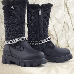 Rakerplus Siyah Uzun Fermuarlı Zincir Detaylı Kız Çocuk Yağmur Çizmesi