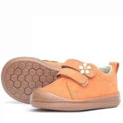 Rakerplus Sonic Hakiki Deri Turuncu Cırtlı Çiçekli Kız Bebek Sneaker Ayakkabı