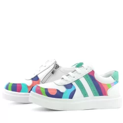 Rakerplus Tbons Özel Tasarım Hakiki Deri Beyaz Yeşil Bağcıklı Fermuarlı Çocuk Sneaker