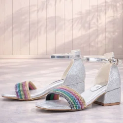 Tiara Renkli Taşlı Gümüş Kız Çocuk Abiye Topuklu Ayakkabı