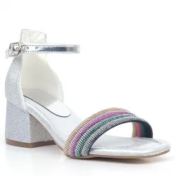 Tiara Renkli Taşlı Gümüş Kız Çocuk Abiye Topuklu Ayakkabı