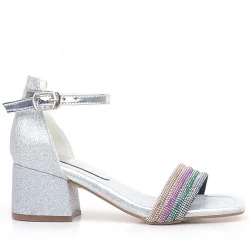 Tiara Renkli Taşlı Gümüş Kız Çocuk Abiye Topuklu Ayakkabı