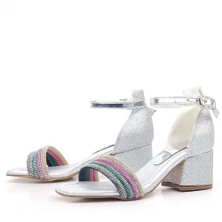 Tiara Renkli Taşlı Gümüş Kız Çocuk Abiye Topuklu Ayakkabı