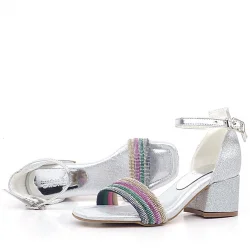 Tiara Renkli Taşlı Gümüş Kız Çocuk Abiye Topuklu Ayakkabı