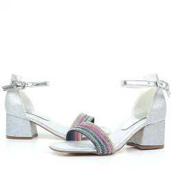 Tiara Renkli Taşlı Gümüş Kız Çocuk Abiye Topuklu Ayakkabı