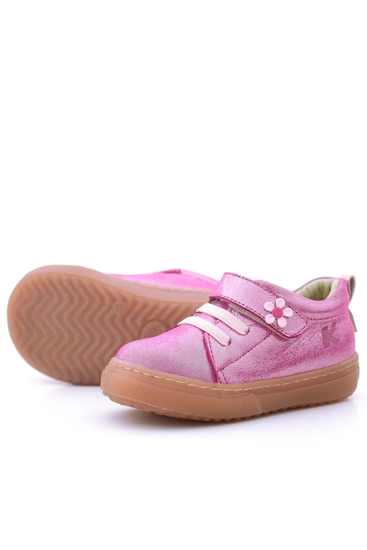 Anatomik Hakiki Deri Yumuşak Pembe Çiçekli Cırtlı Kız Çocuk Ayakkabı