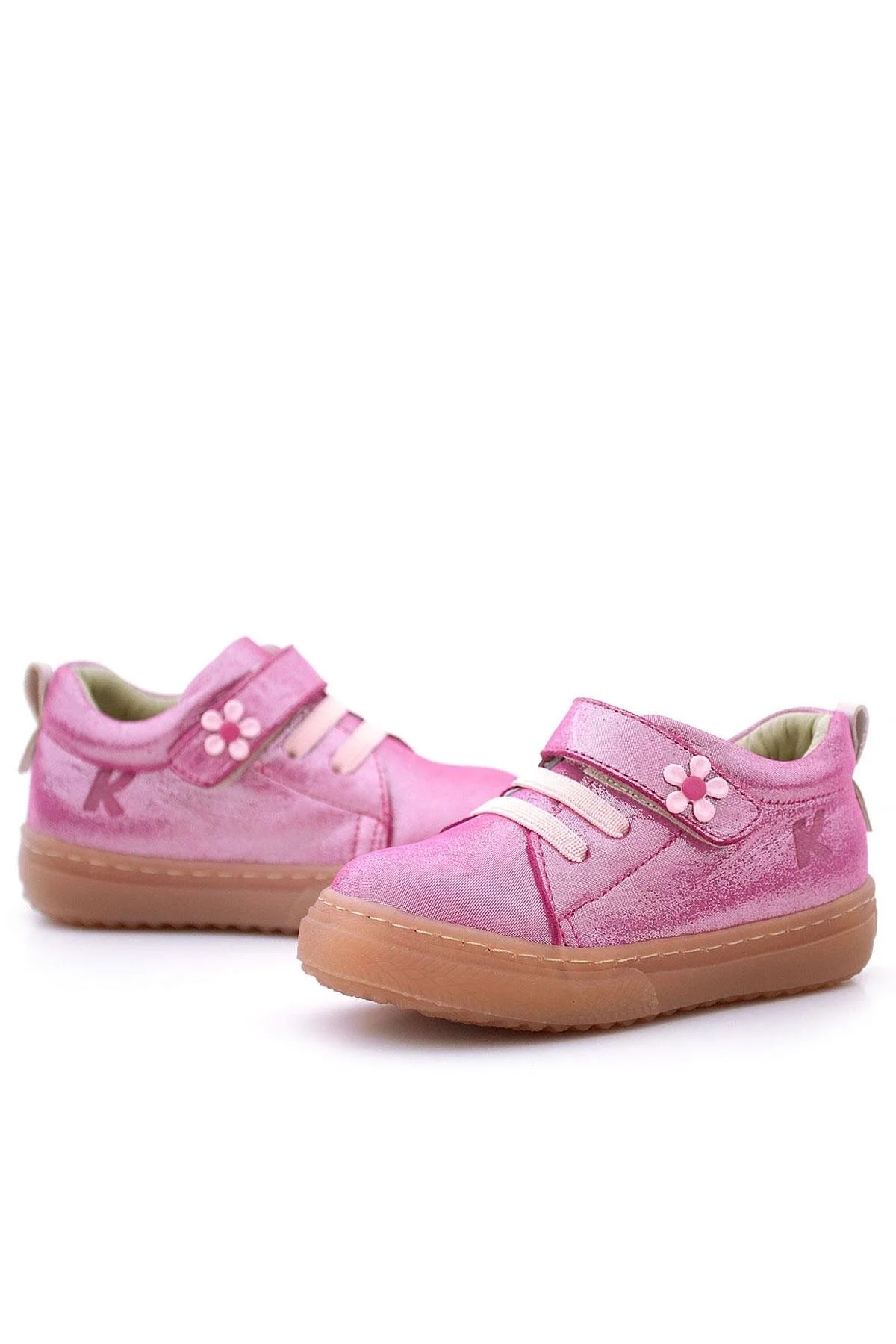 Anatomik Hakiki Deri Yumuşak Pembe Çiçekli Cırtlı Kız Çocuk Ayakkabı