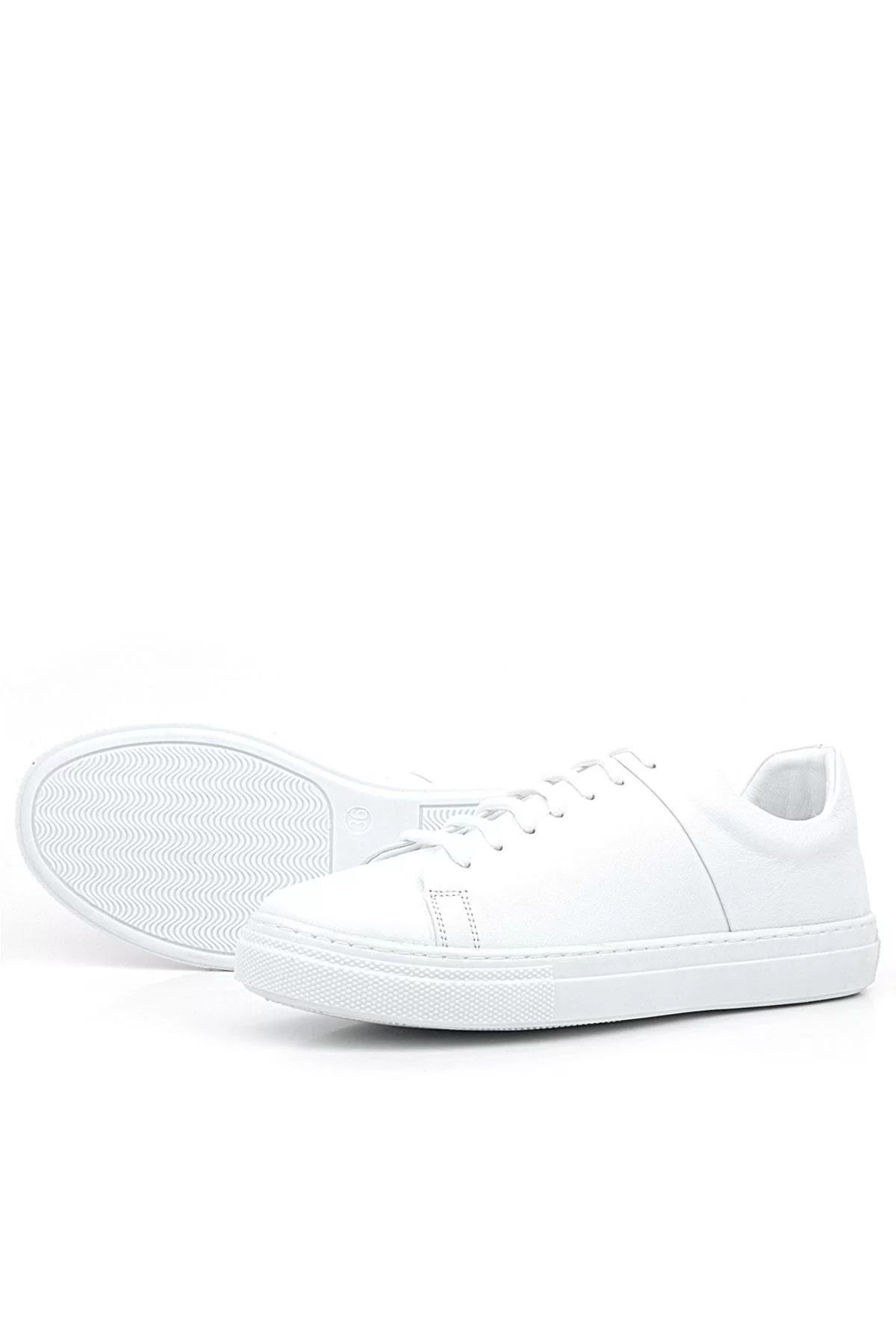 Beyaz Hakiki Deri Kadın Bağcıklı Sneaker Ayakkabı