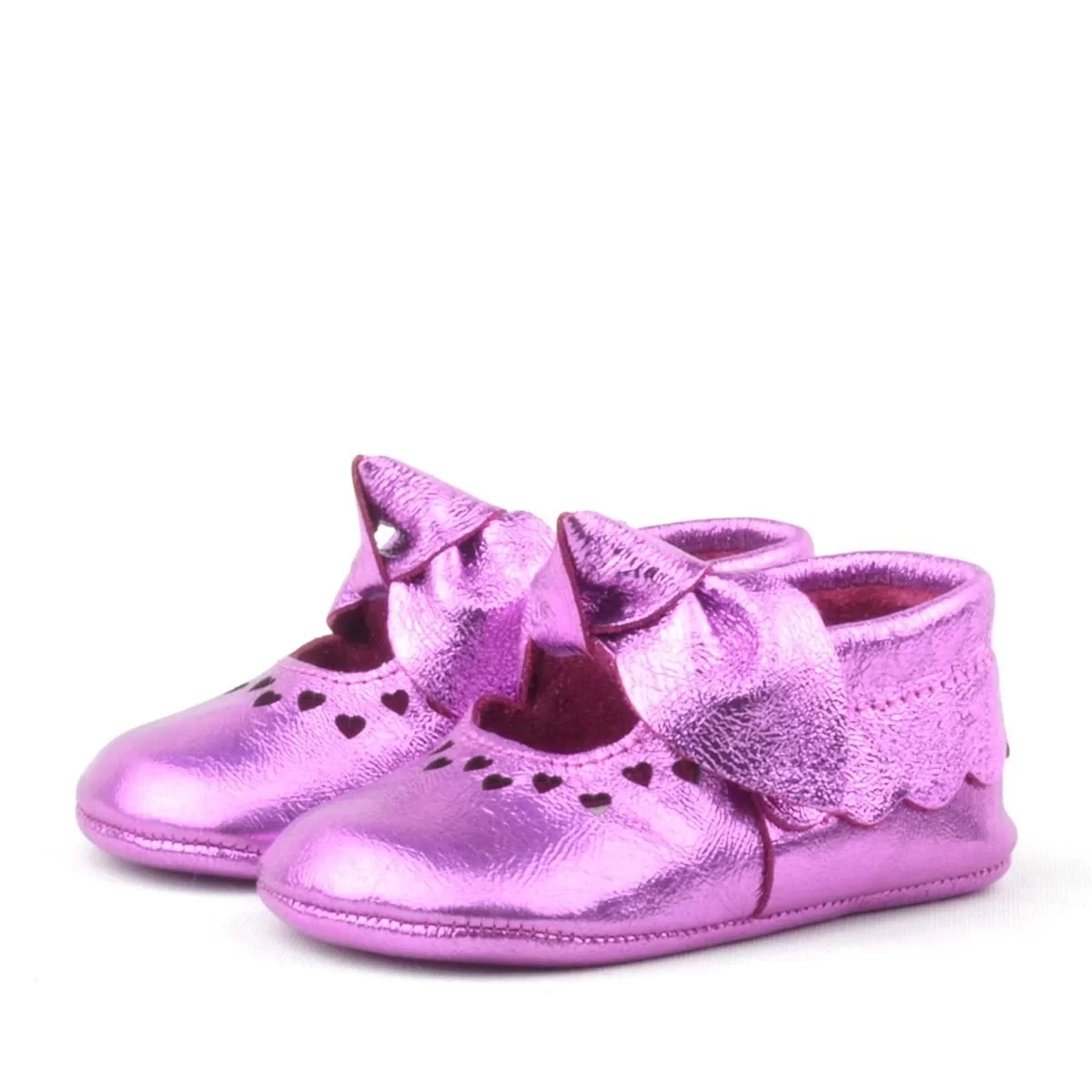 Coco Hakiki Deri Fuşya Fiyonklu Lastikli Bebek Patik
