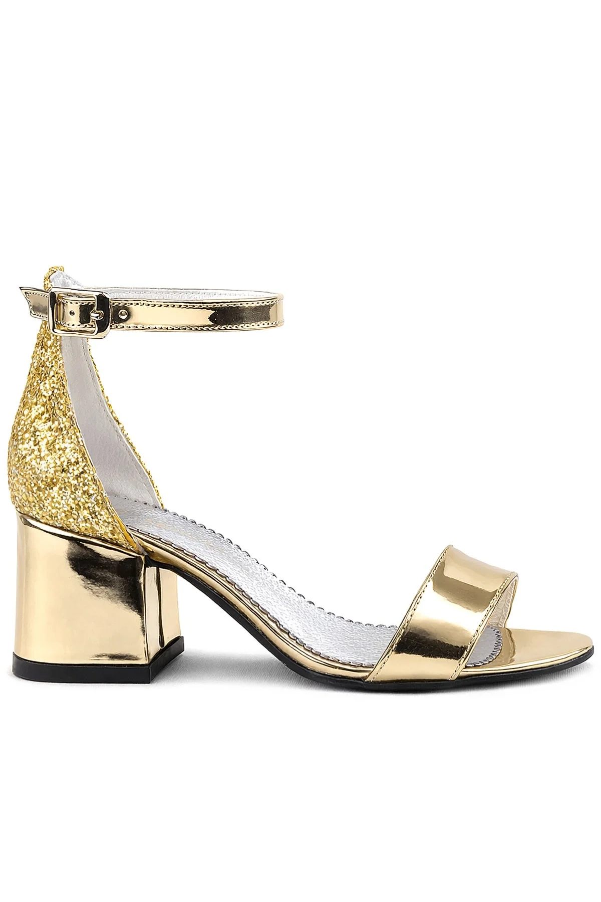 Elsa Altın Aynalı Simli Kalın Topuklu Kız Çocuk Abiye Ayakkabı