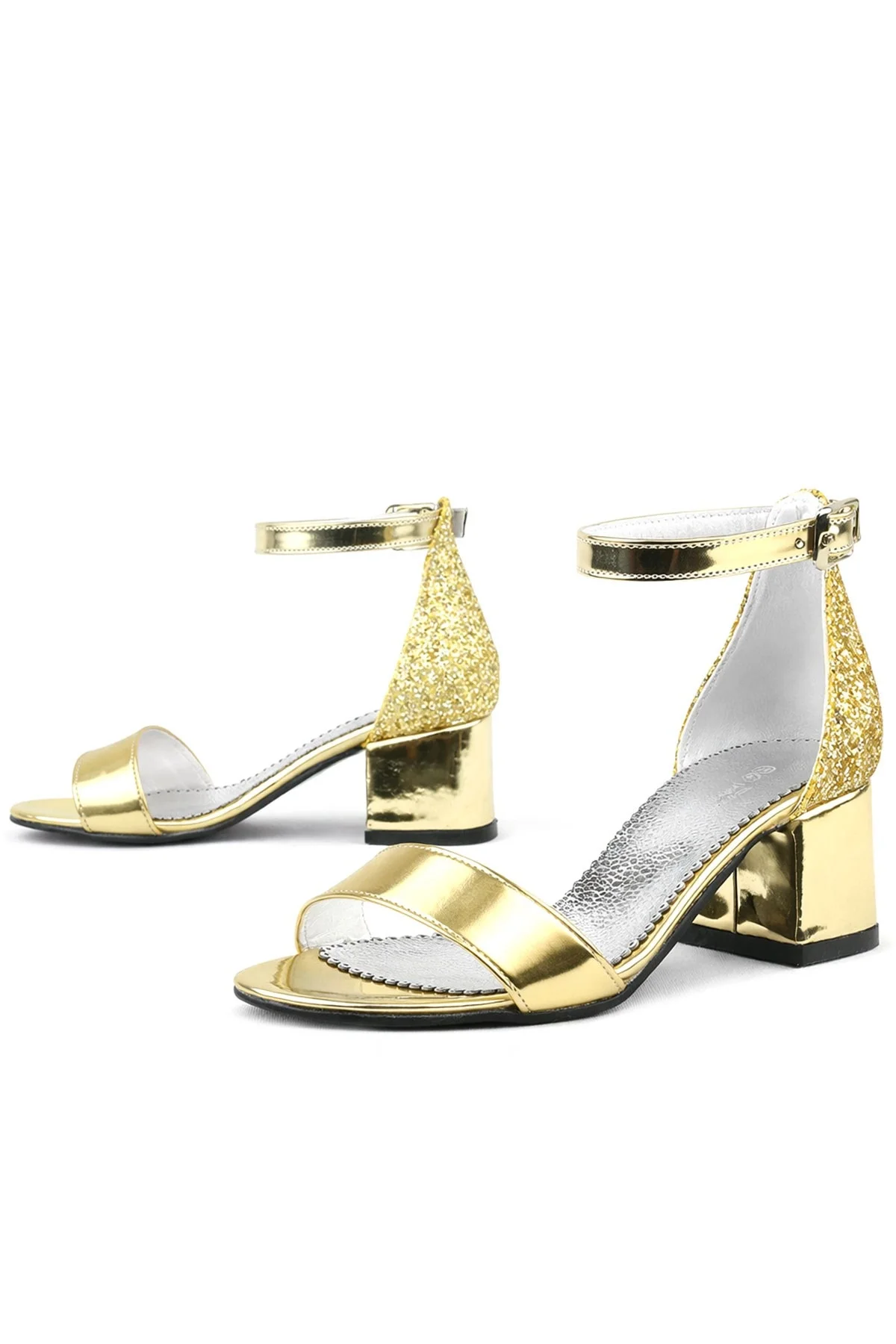 Elsa Altın Aynalı Simli Kalın Topuklu Kız Çocuk Abiye Ayakkabı