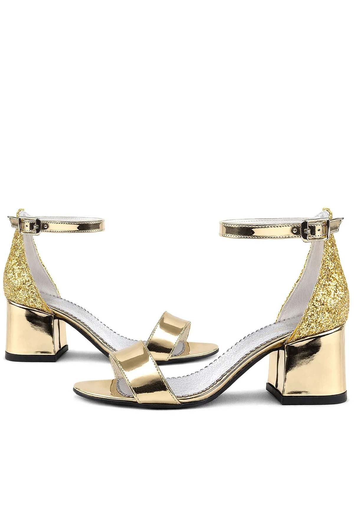 Elsa Altın Aynalı Simli Kalın Topuklu Kız Çocuk Abiye Ayakkabı