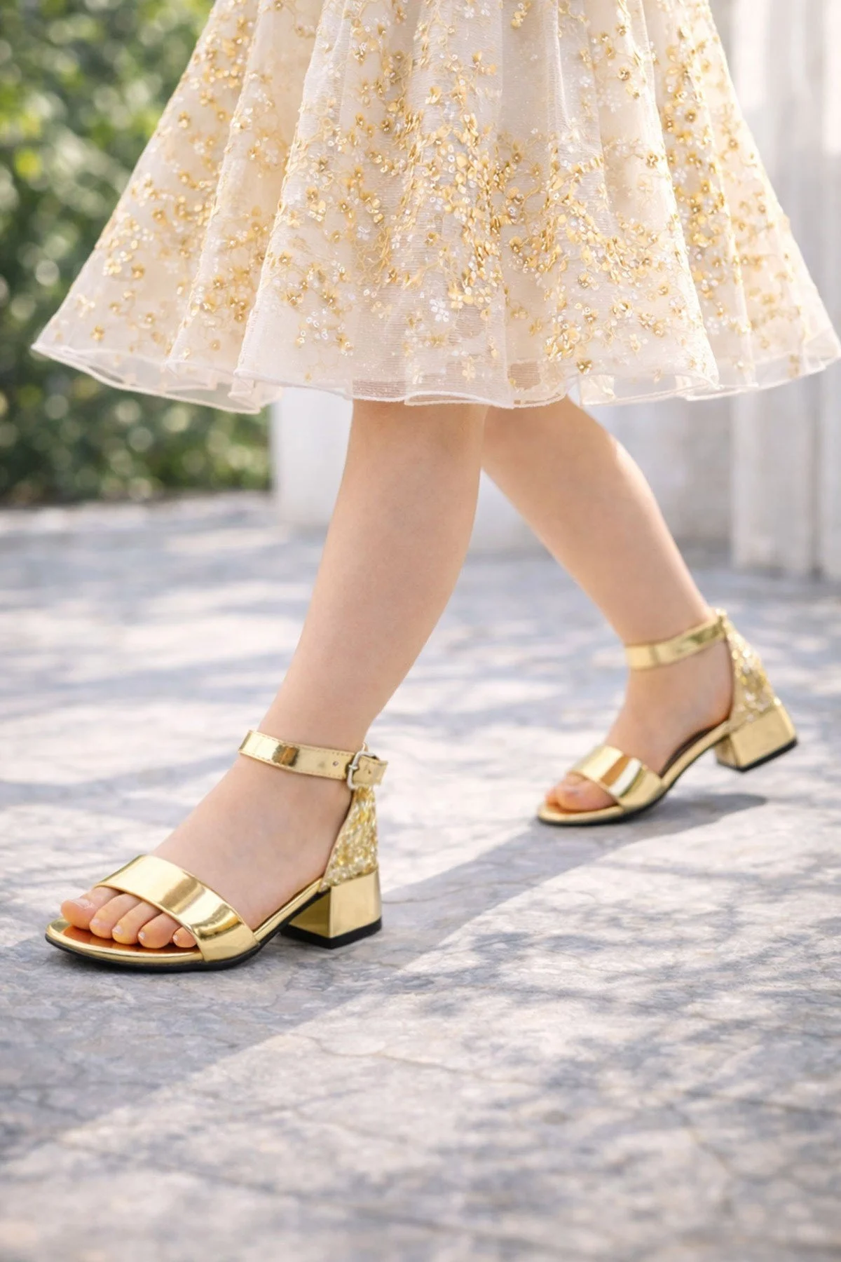 Elsa Altın Aynalı Simli Kalın Topuklu Kız Çocuk Abiye Ayakkabı
