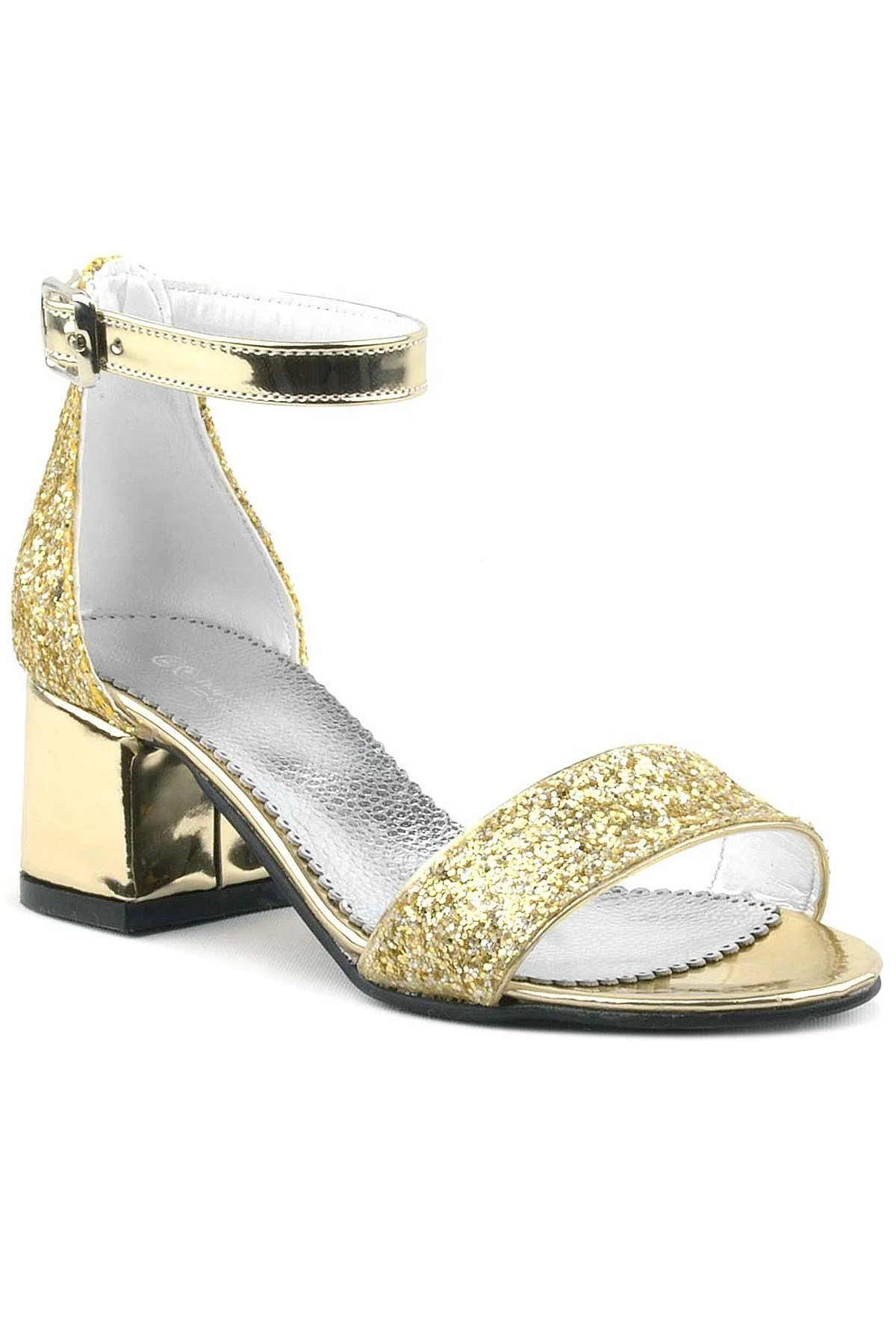 Elsa Altın Simli Kalın Topuklu Kız Çocuk Abiye Ayakkabı