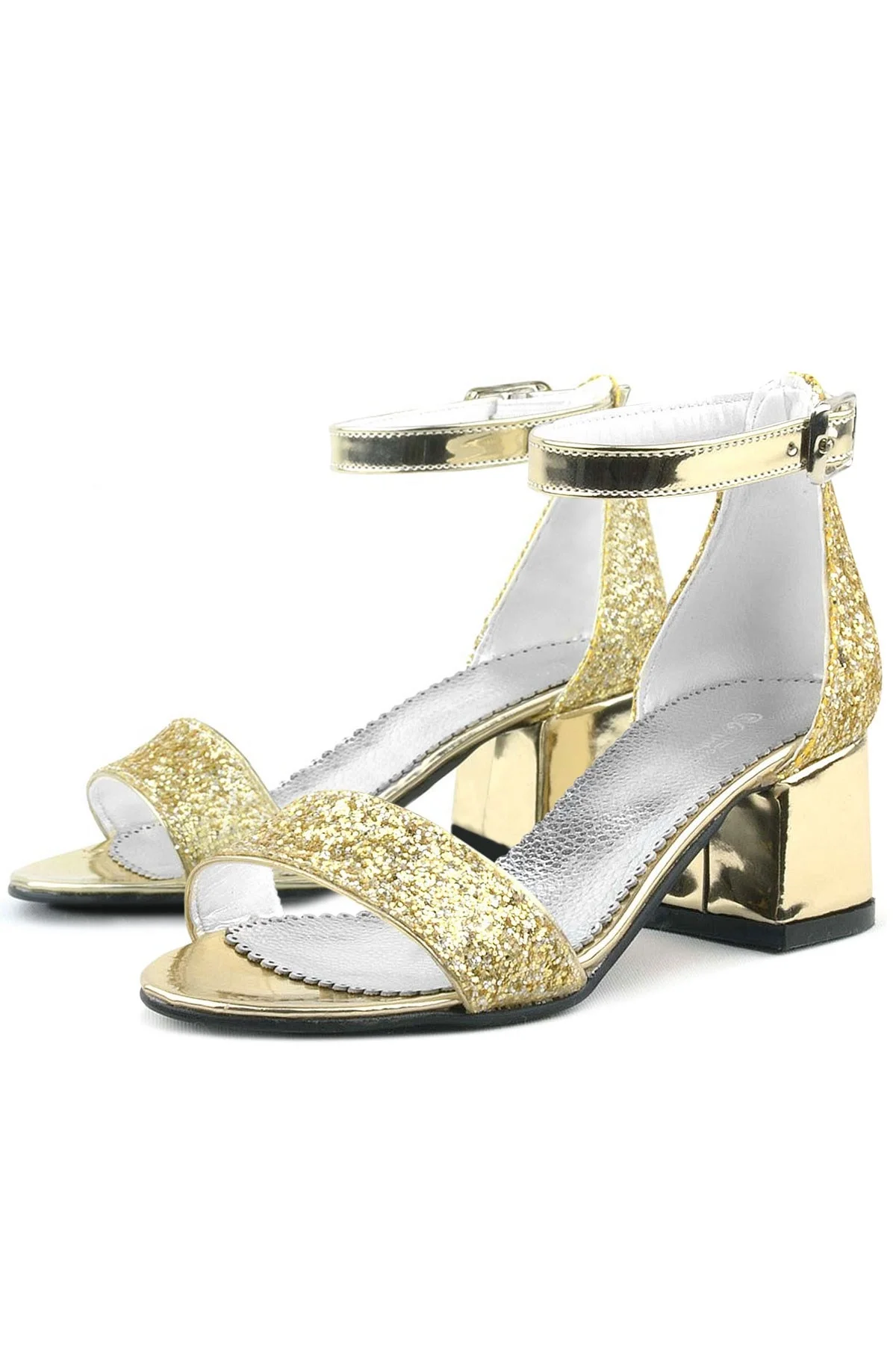 Elsa Altın Simli Kalın Topuklu Kız Çocuk Abiye Ayakkabı