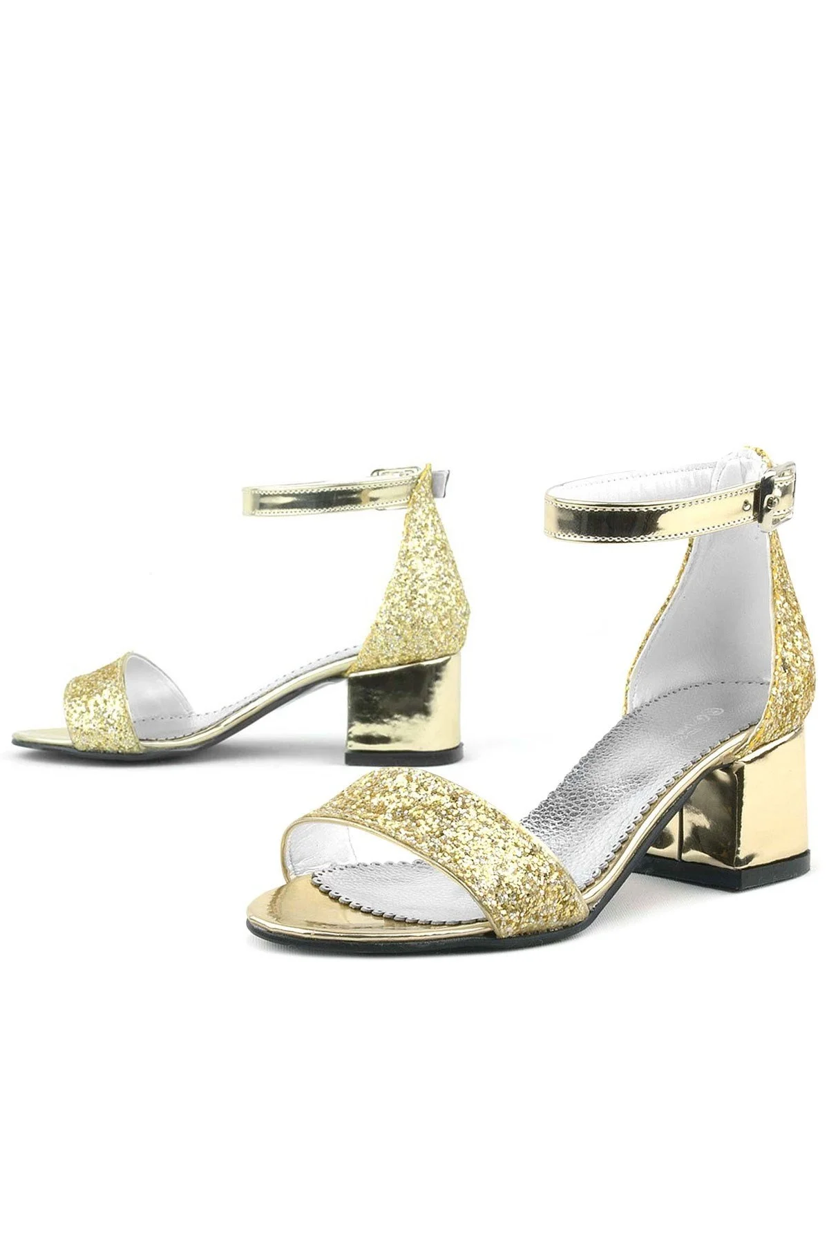 Elsa Altın Simli Kalın Topuklu Kız Çocuk Abiye Ayakkabı