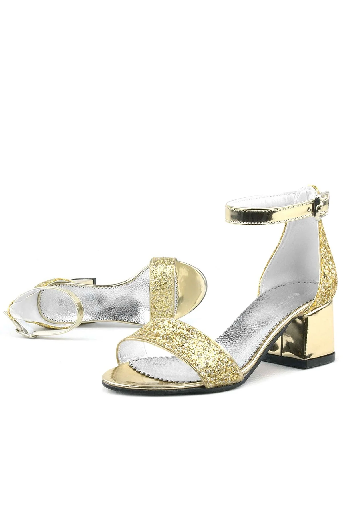 Elsa Altın Simli Kalın Topuklu Kız Çocuk Abiye Ayakkabı