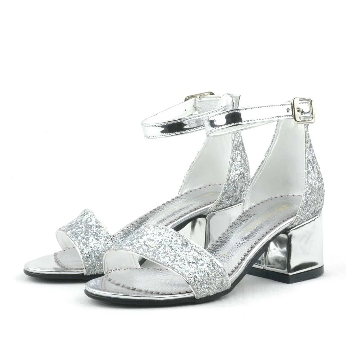 Elsa Gümüş Simli Kalın Topuklu Tek Bant Kız Çocuk Abiye Ayakkabı