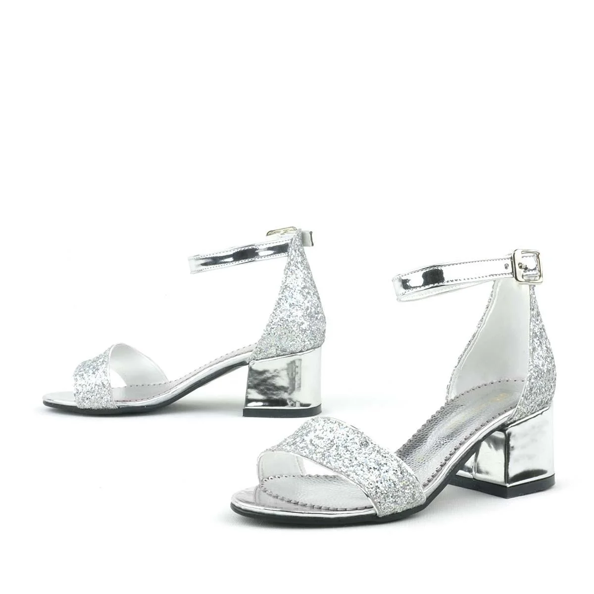 Elsa Gümüş Simli Kalın Topuklu Tek Bant Kız Çocuk Abiye Ayakkabı