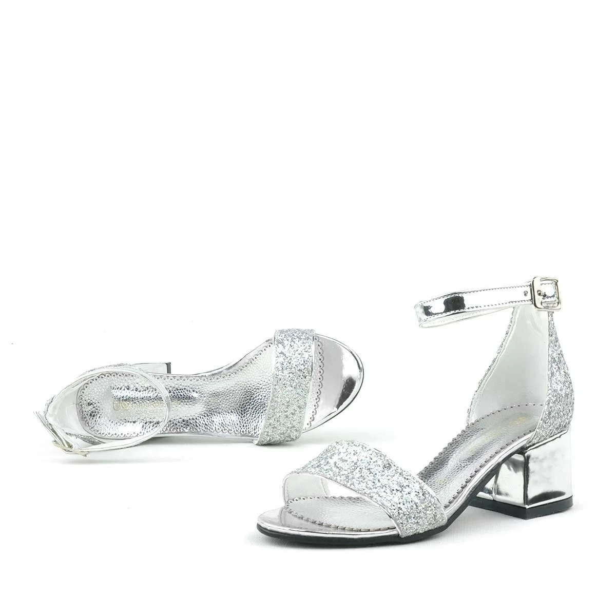 Elsa Gümüş Simli Kalın Topuklu Tek Bant Kız Çocuk Abiye Ayakkabı
