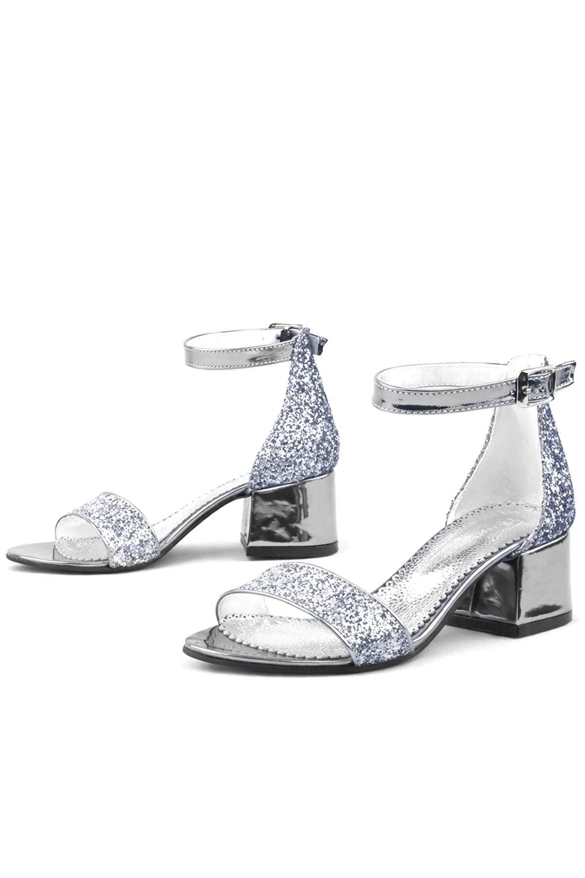 Elsa Platin Simli Kalın Topuklu Kız Çocuk Abiye Ayakkabı