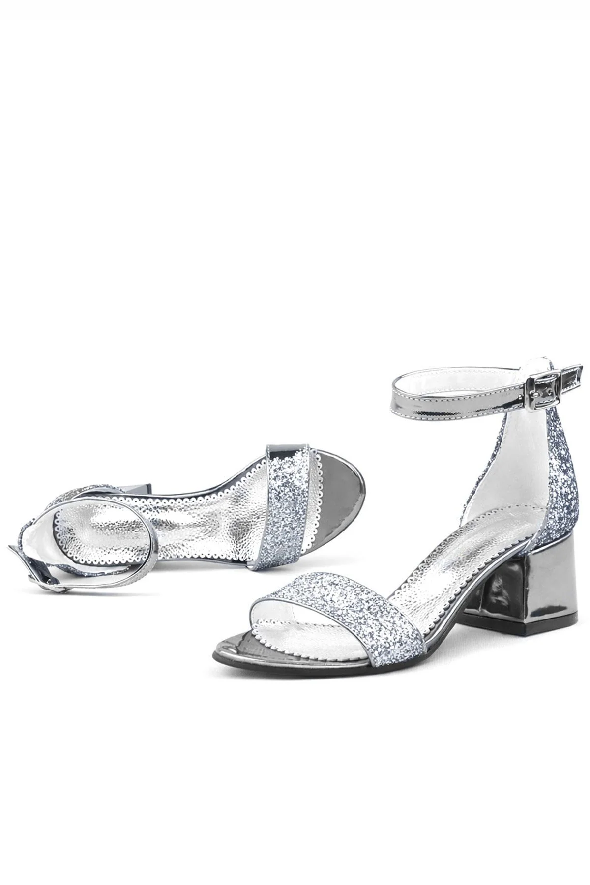 Elsa Platin Simli Kalın Topuklu Kız Çocuk Abiye Ayakkabı