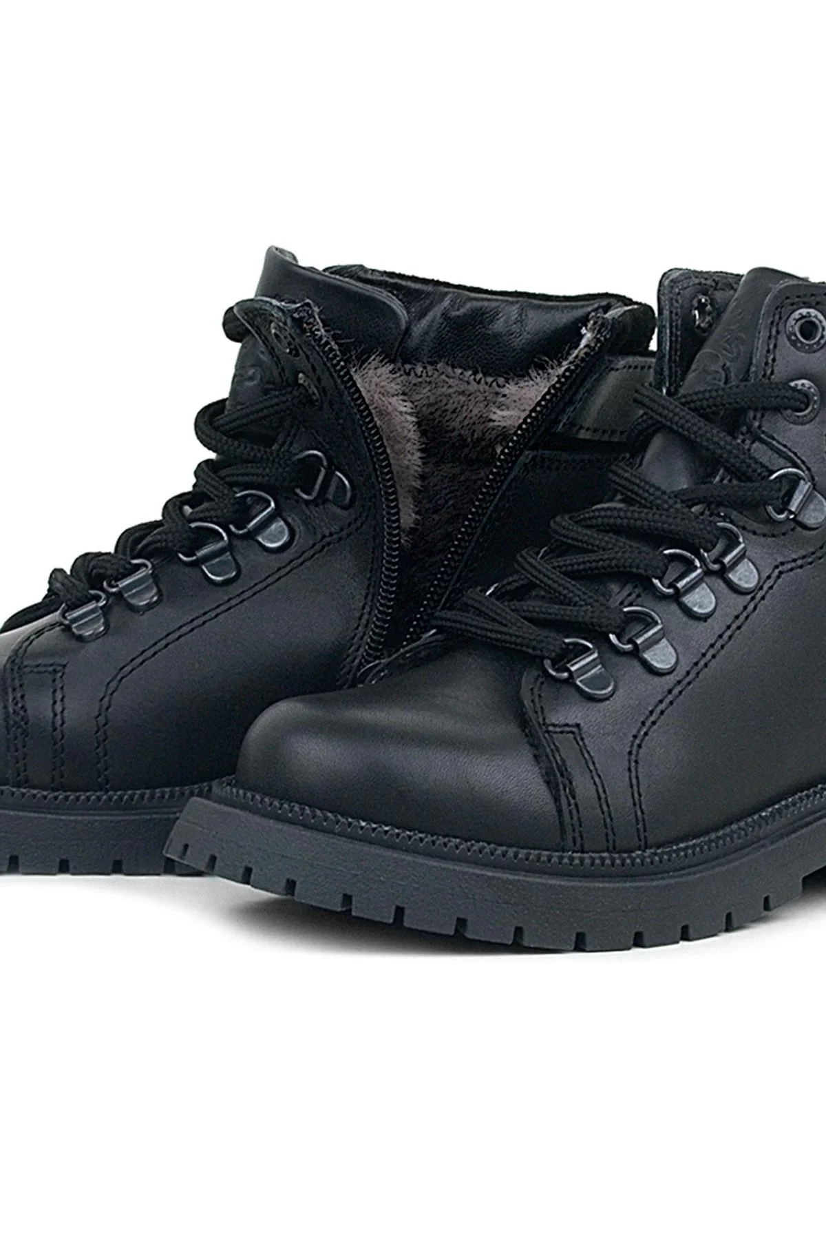 Gerçek Kürklü Hakiki Deri Siyah Bağcıklı Fermuarlı Çocuk Kar Botu
